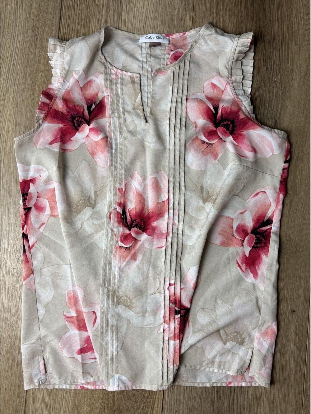 Calvin Klein Top Womens S Beige Pink Floral Sleeveless V Neck Blouse Summer